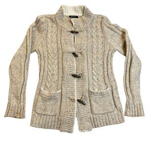 Relativity Womans Cardigan Sweater Large Beige Cable Knit Toggle With Pockets